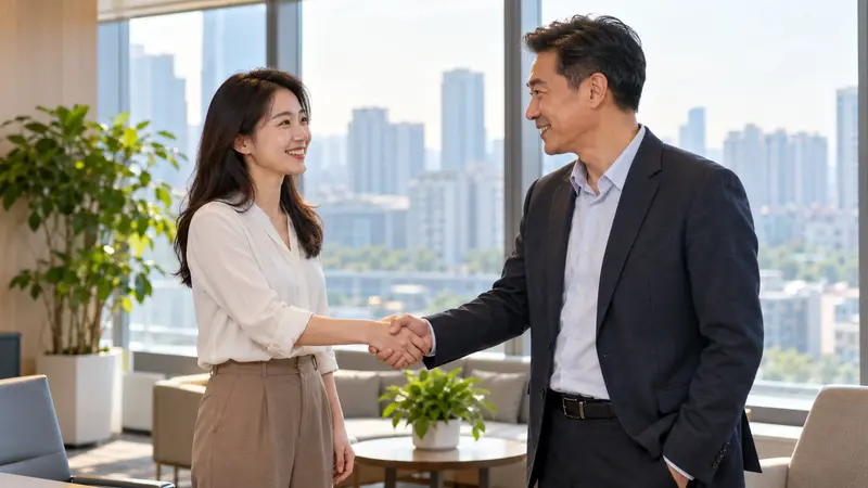 一位中国女员工与男经理在明亮的现代办公室里微笑握手,窗外是城市楼群。