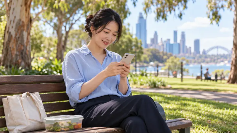 一名华人女子午休时坐在澳洲城市公园的长椅上,微笑着看手机,身旁放着午餐盒和布袋。