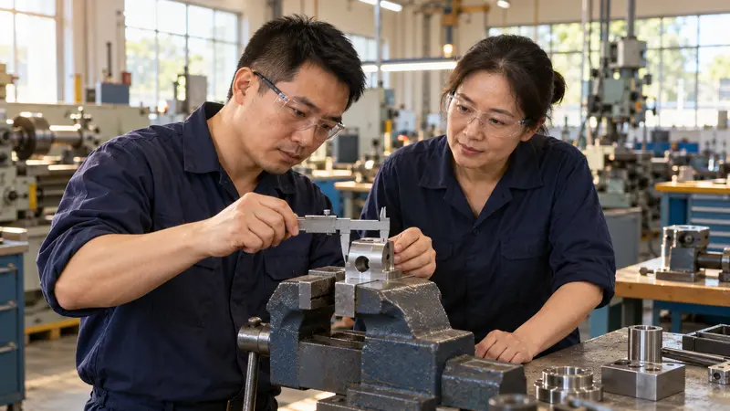 中国男技工在明亮车间用游标卡尺测量台钳上的金属零件,女技工在旁观察。